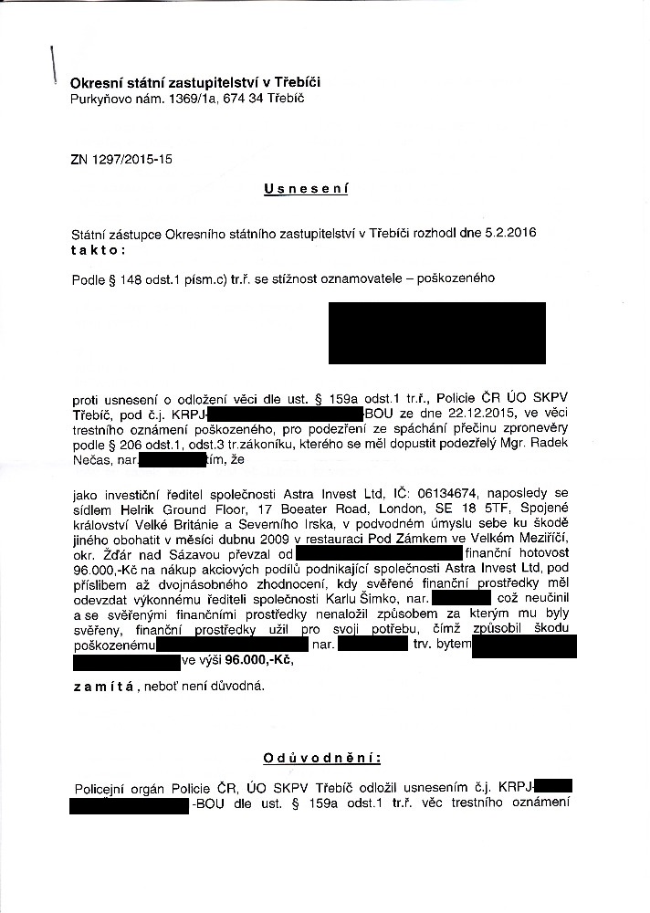 Mgr. Radek Nečas Astra Invest Ltd 2015